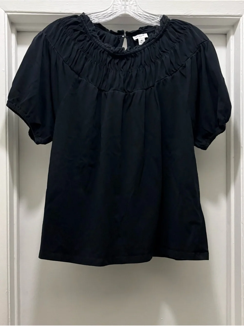 J. Crew Black Smocked Neck Short Sleeve Blouse Women’s Medium Casual, Grunge,